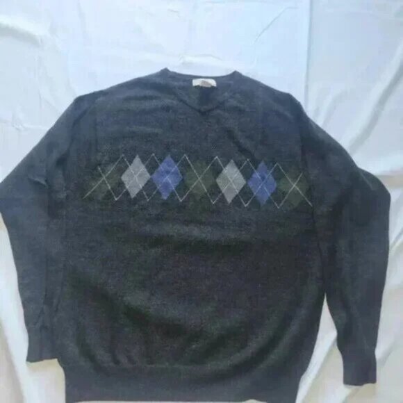 Vintage Y2K Grandpa XL Grey Men's Sweater Merino Wool Argyle Diamond Academia - Picture 1 of 5